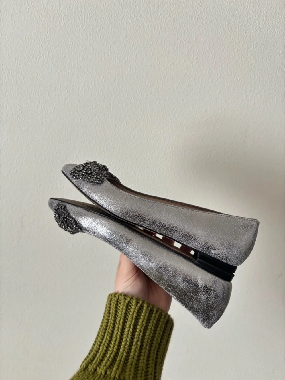 Tory Burch Silver Pointed Silver Bow Ballet Flats with Crystal Embellishment 5.5